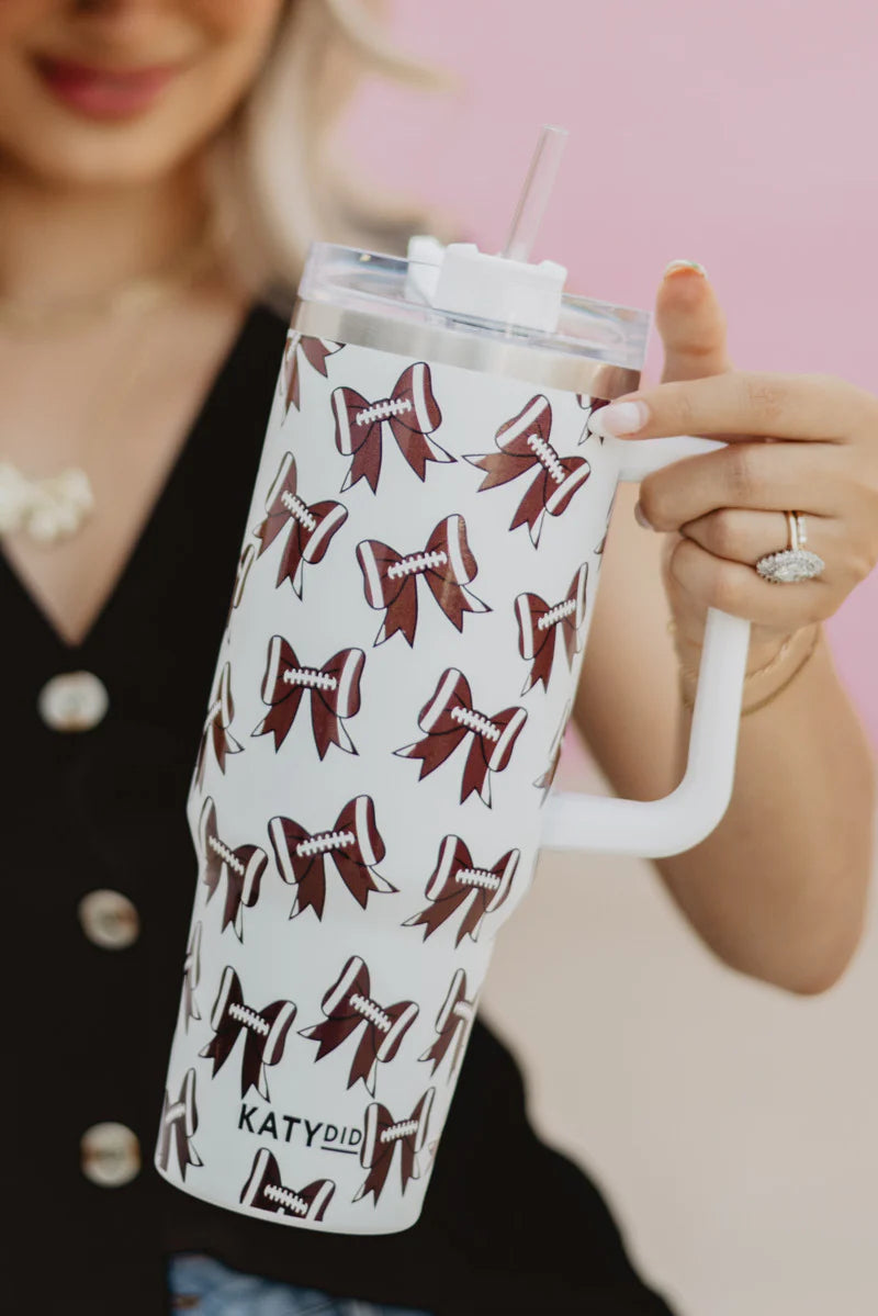 Football Bows All Over Tumbler Cup w/ Handle