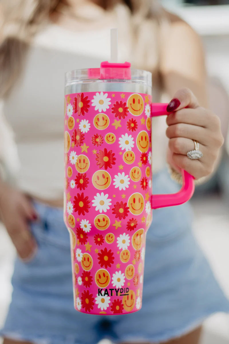 Red Flower Happy Face Wholesale Tumbler Cup w/ Handle