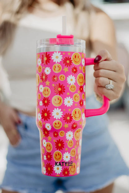 Red Flower Happy Face Wholesale Tumbler Cup w/ Handle