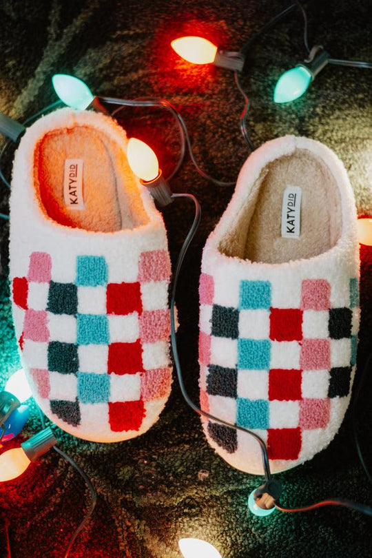 Festive Checkered Sherpa Slippers
