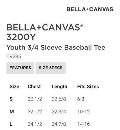 Youth Raglan Sleeve 3/4 Length Shirt